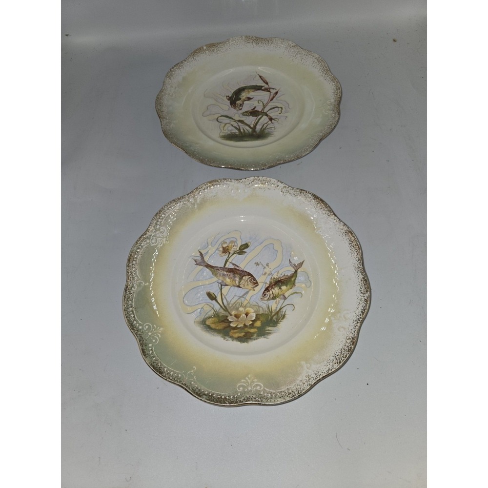 2 Limoges China 9" Decorative Koi  Fish Plate Lime Green & Gold Rim Set Antique